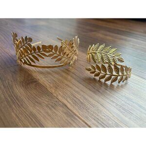 Cuff bracelet and leaf crown adjustable costume jewelry gold